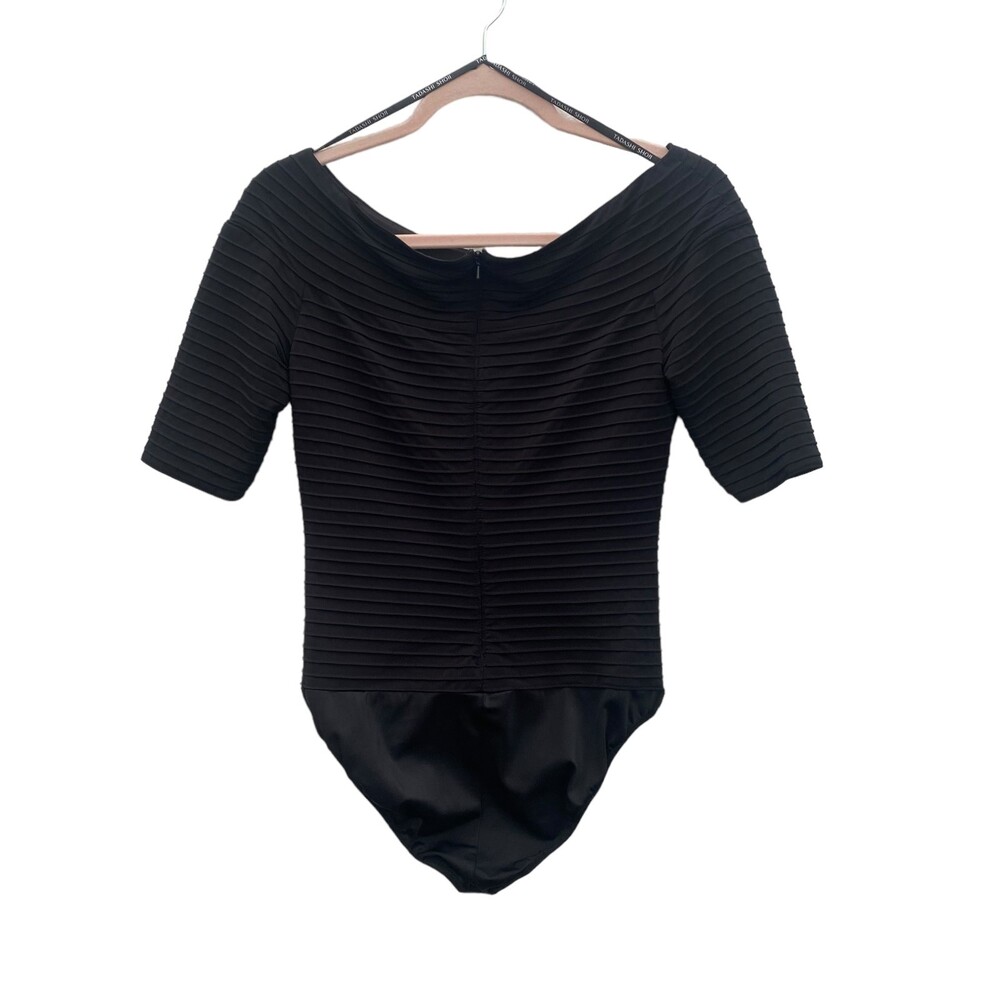 TADASHI SHOJI Black Short Sleeve Asymmetrical Neck Line Body Suit Size S